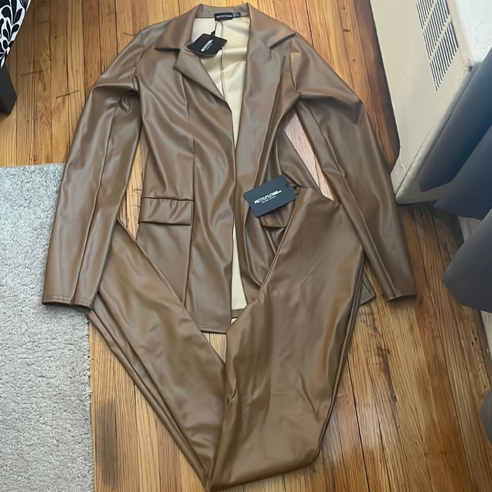 PLT Tan Leather Blazer and Split Hem Leggings